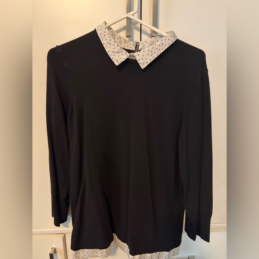 White House Black Market Black Sweater with White Polka Dot Collar and Trim XL